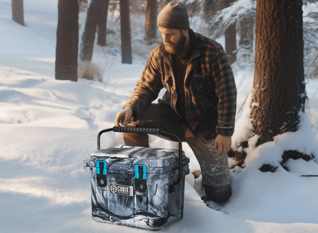 A man kneeling next to a 25 Quart Cubix Outdoor rotomolded cooler in the snow