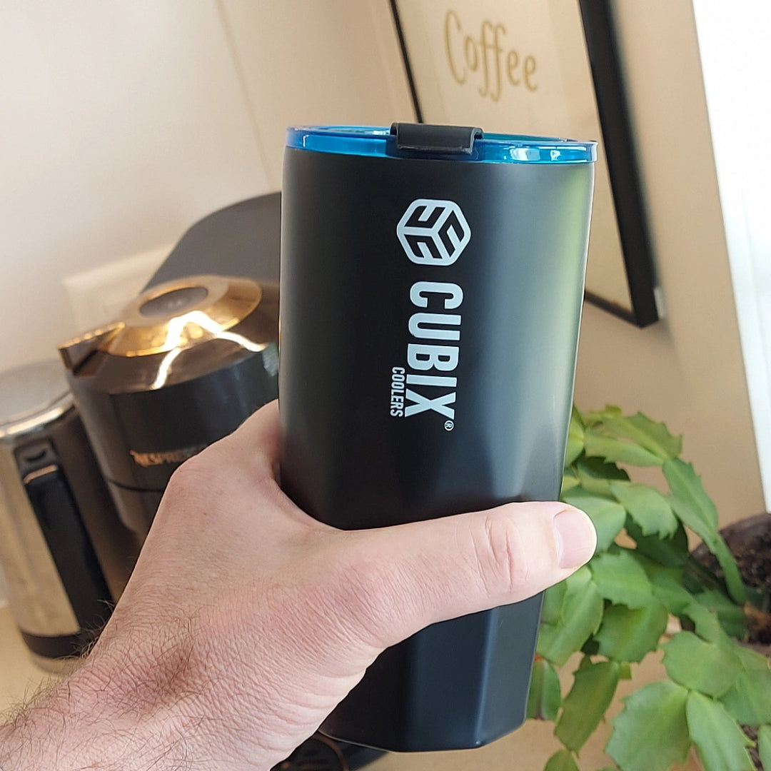 Cubix Outdoors 20oz Steel Insulated Tumbler with Dual-Function Lid-Charcoal w/ Blue Lid