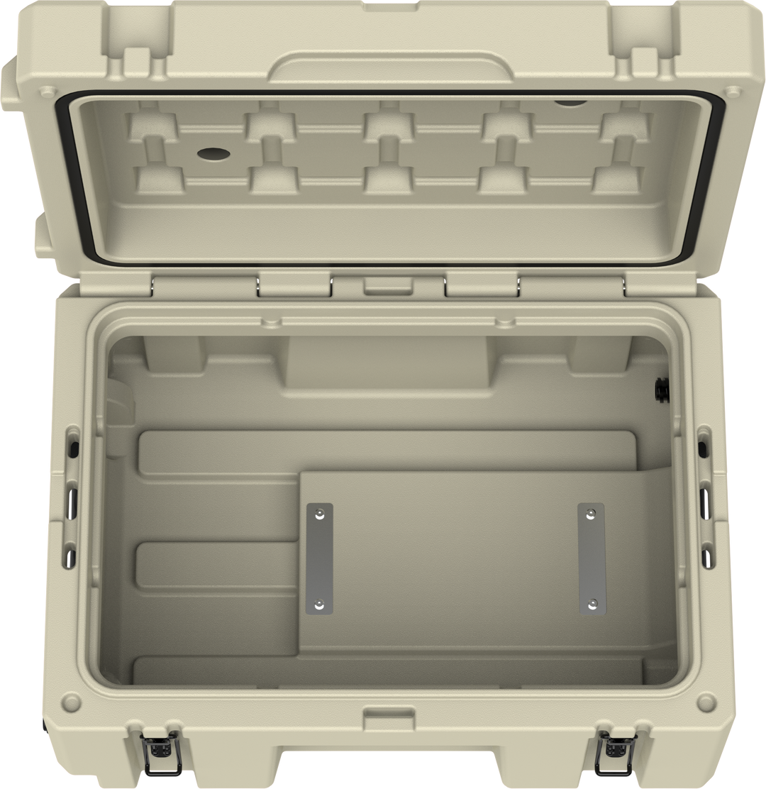 Open Cubix 76L cargo case showing full-volume foam-free interior