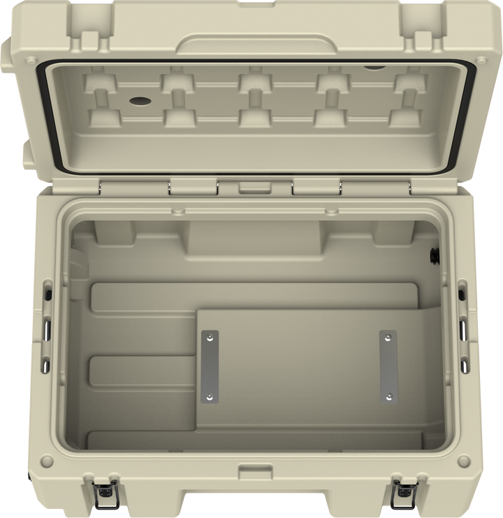 Open Cubix 76L cargo case showing full-volume foam-free interior
