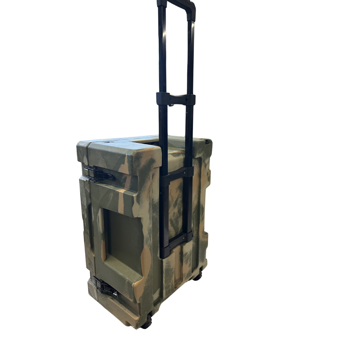 Cubix 76L cargo case with retractable handle raised for rolling transport