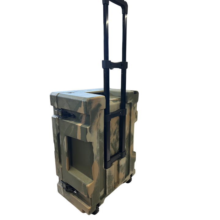 Cubix 76L cargo case with retractable handle raised for rolling transport
