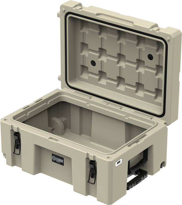 Open Cubix 76L cargo case showing full-volume foam-free interior_DesertTan