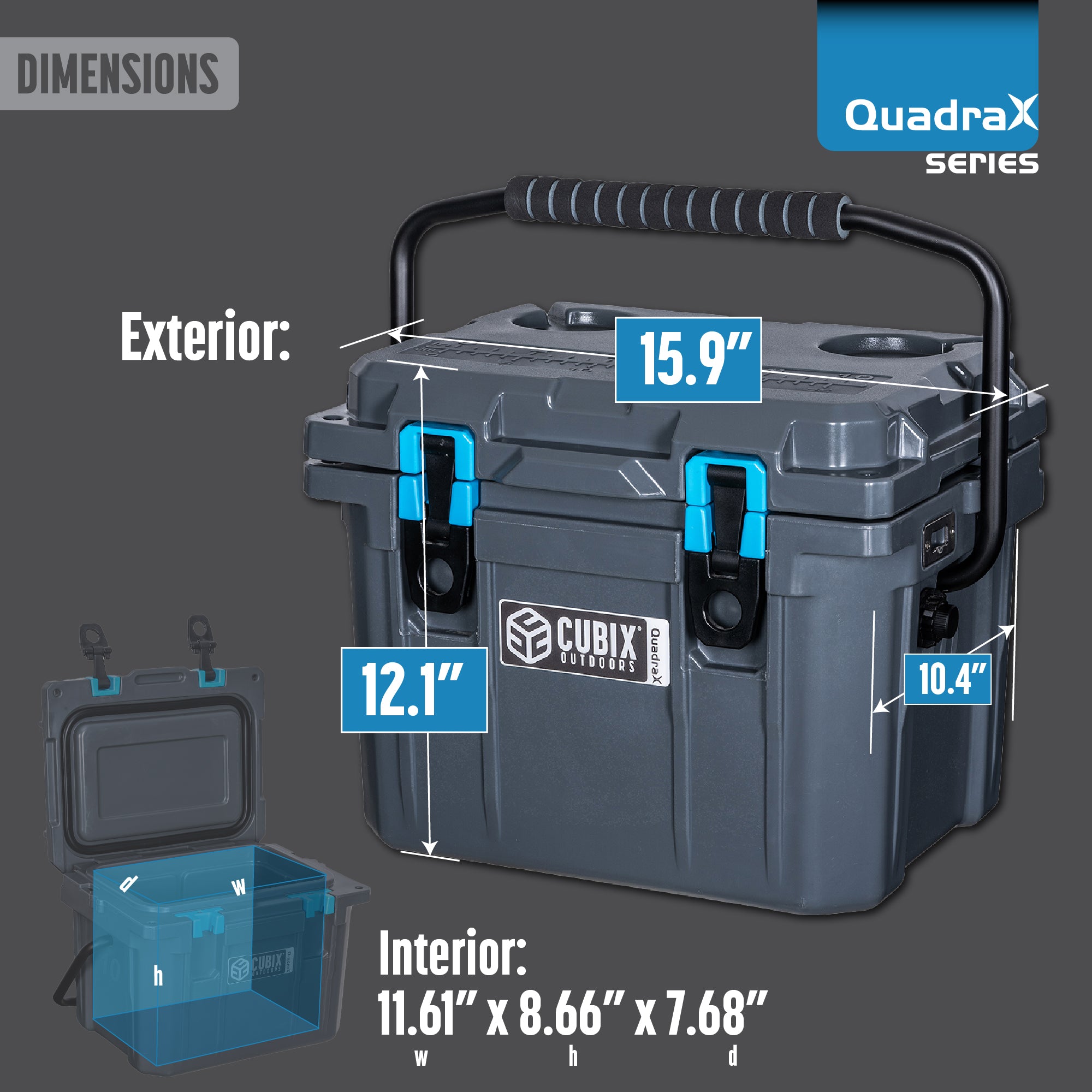 model, Picture with the outer dimensions of the Rotomolded QuadraX cooler