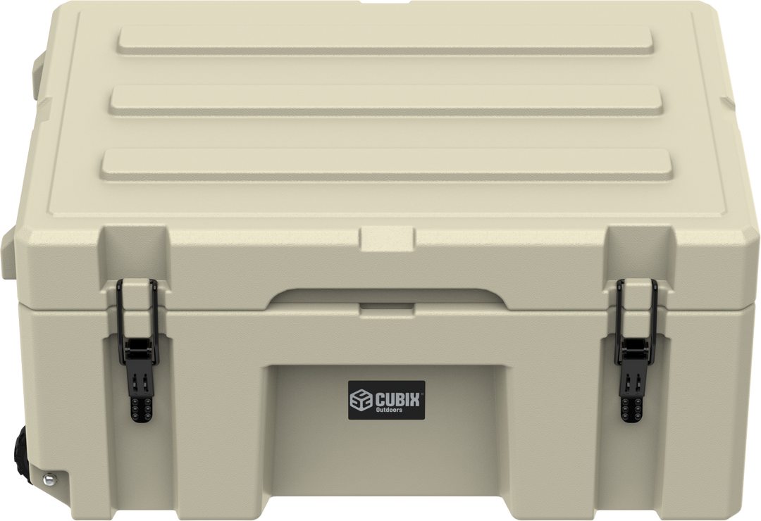 Cubix 76L rolling cargo case in Desert Tan with telescoping handle and wheels. 