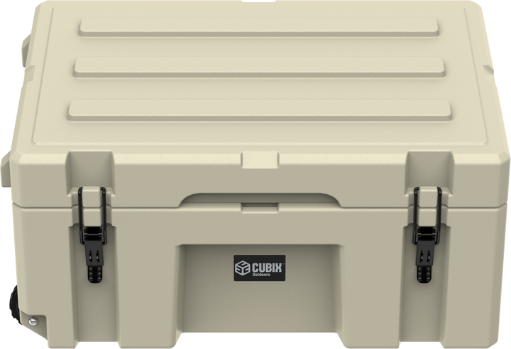 Cubix 76L rolling cargo case in Desert Tan with telescoping handle and wheels. 