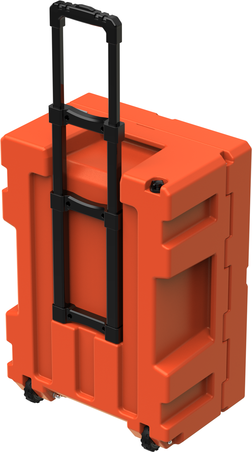 Cubix 76L cargo case in ember orange with retractable handle raised for rolling transport