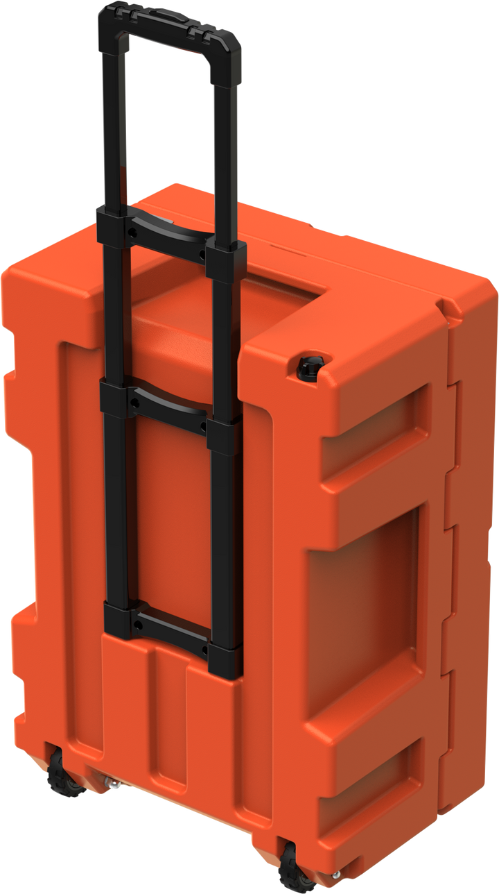 Cubix 76L cargo case in ember orange with retractable handle raised for rolling transport
