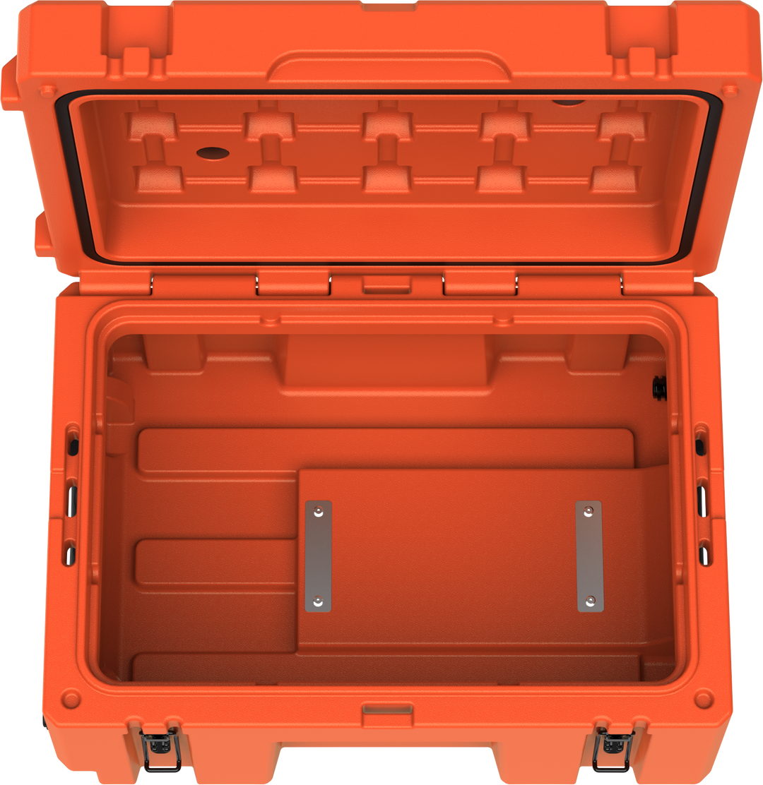 Open Cubix 76L cargo case in ember orange showing interior.