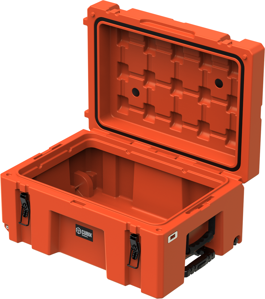 Open Cubix 76L cargo case in ember orange showing full-volume foam-free interior