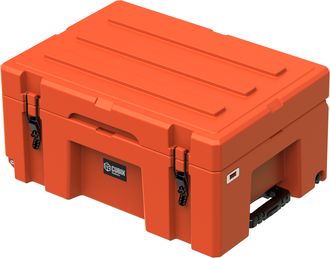 Cubix Outdoors 76L wheeled cargo case in ember orange showing molded-in ridges allowing for stacking multiple cases of the same size.