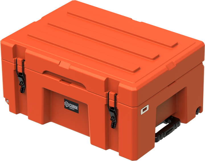 Cubix Outdoors 76L wheeled cargo case in ember orange showing molded-in ridges allowing for stacking multiple cases of the same size.
