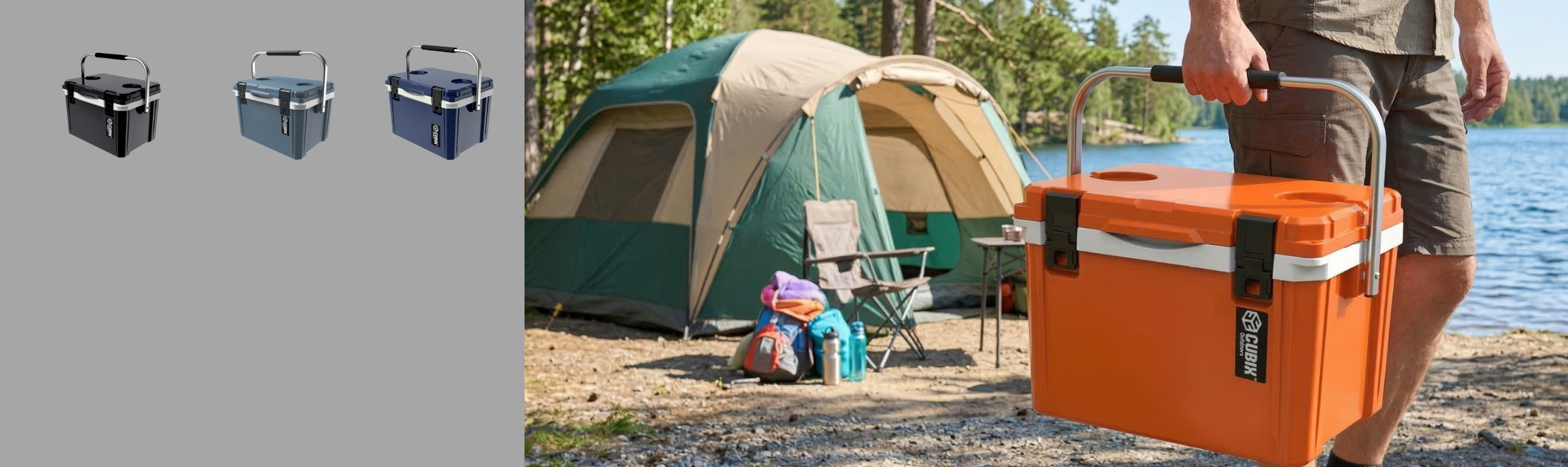 Cubix lightweight cooler in orange at a campsite on a lake.