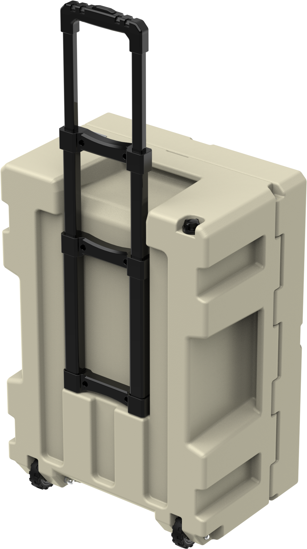 Cubix 76L cargo case in desert tan with retractable handle raised for rolling transport