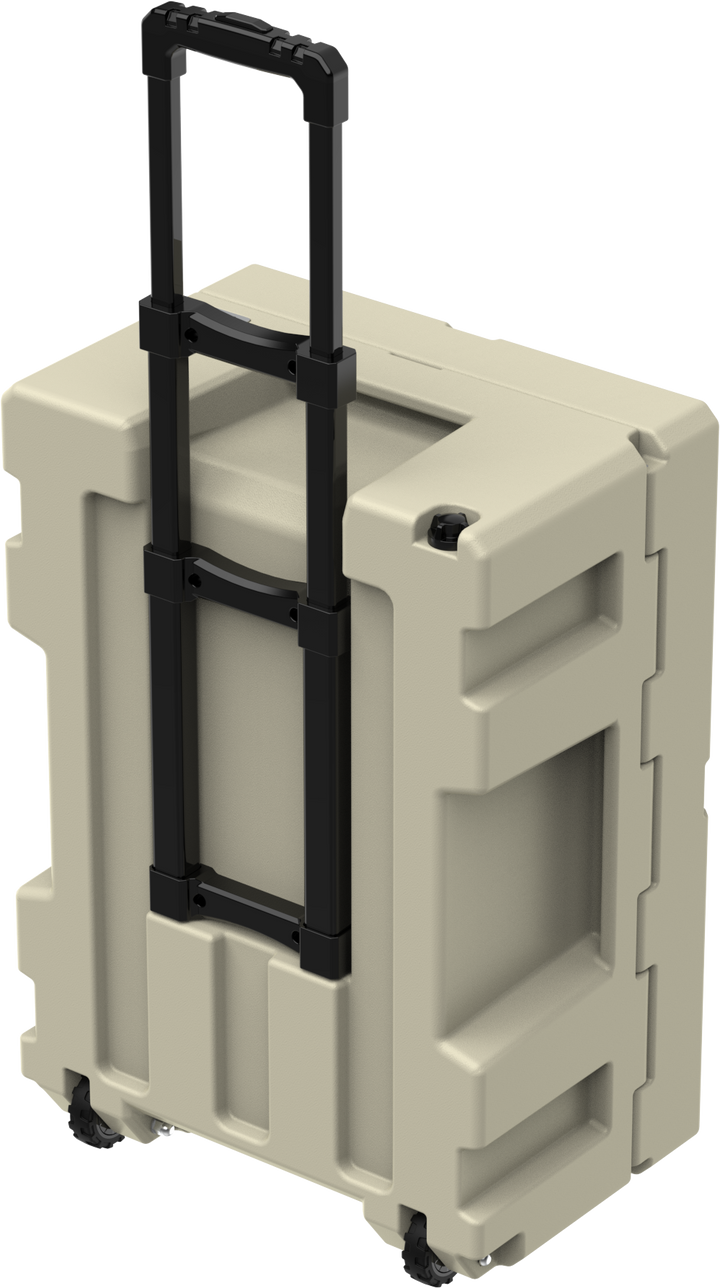 Cubix 76L cargo case in desert tan with retractable handle raised for rolling transport