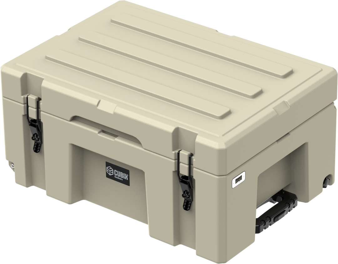Cubix 76L wheeled cargo case with molded-in channels for easy stacking of 2 or more cases of the same size.