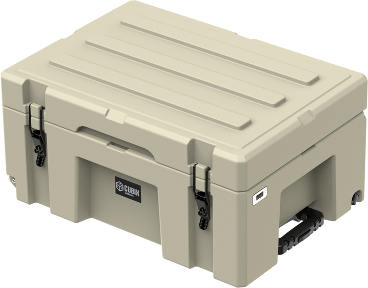 Cubix 76L wheeled cargo case with molded-in channels for easy stacking of 2 or more cases of the same size.