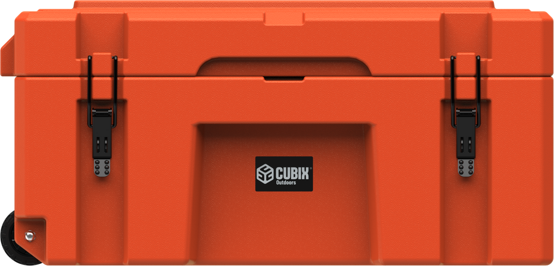 Cubix Outdoors 76L Wheeled Cargo Case with rust-proof steel latches and cargo strap tie down slots for secure transport on your truck, boat, ATV, or trailer.