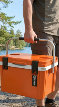 Cubix lightweight cooler in orange, being easily carried by a man by a lake, only 9.7 lbs.